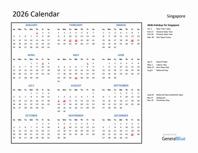 Singapore current year calendar 2026 with holidays