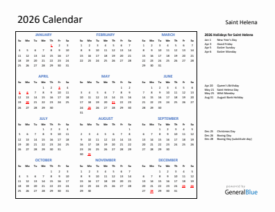 Saint Helena current year calendar 2026 with holidays