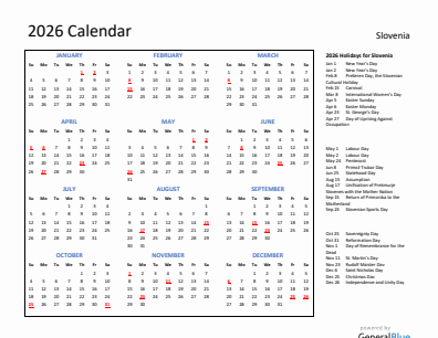 Slovenia current year calendar 2026 with holidays
