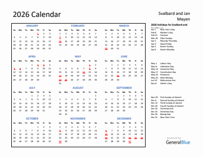 Svalbard and Jan Mayen current year calendar 2026 with holidays