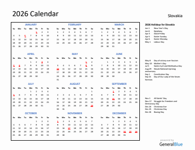 Slovakia current year calendar 2026 with holidays