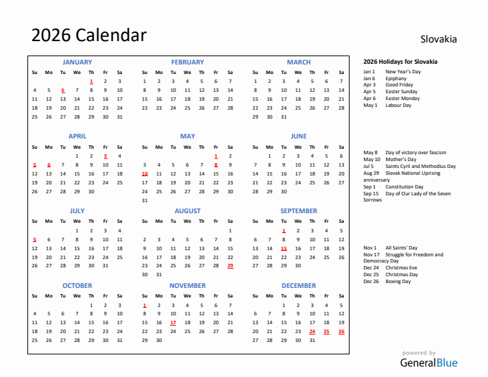 2026 Calendar with Holidays for Slovakia