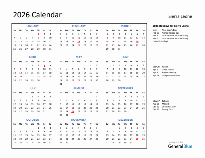 2026 Calendar with Holidays for Sierra Leone