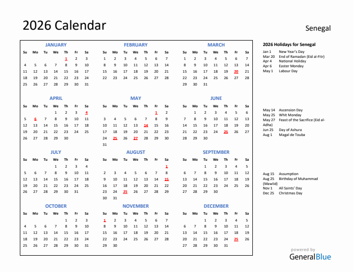 2026 Calendar with Holidays for Senegal