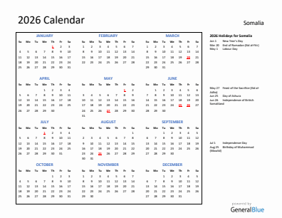 Somalia current year calendar 2026 with holidays