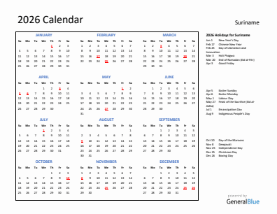 Suriname current year calendar 2026 with holidays