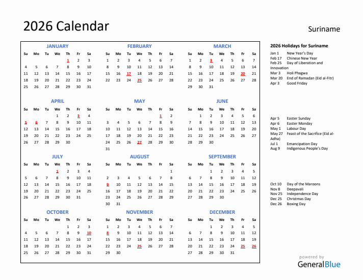 2026 Calendar with Holidays for Suriname