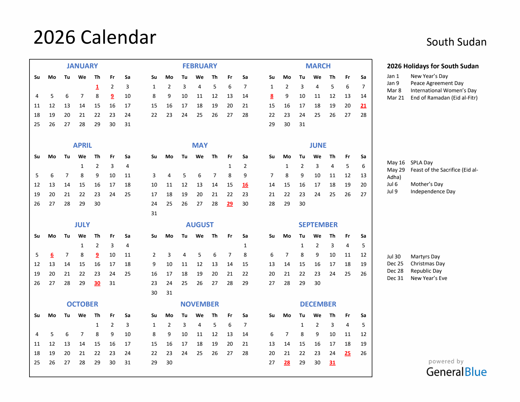 2026 Calendar with Holidays for South Sudan