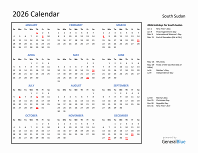South Sudan current year calendar 2026 with holidays