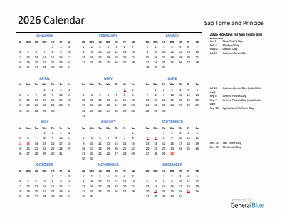 Sao Tome and Principe current year calendar 2026 with holidays