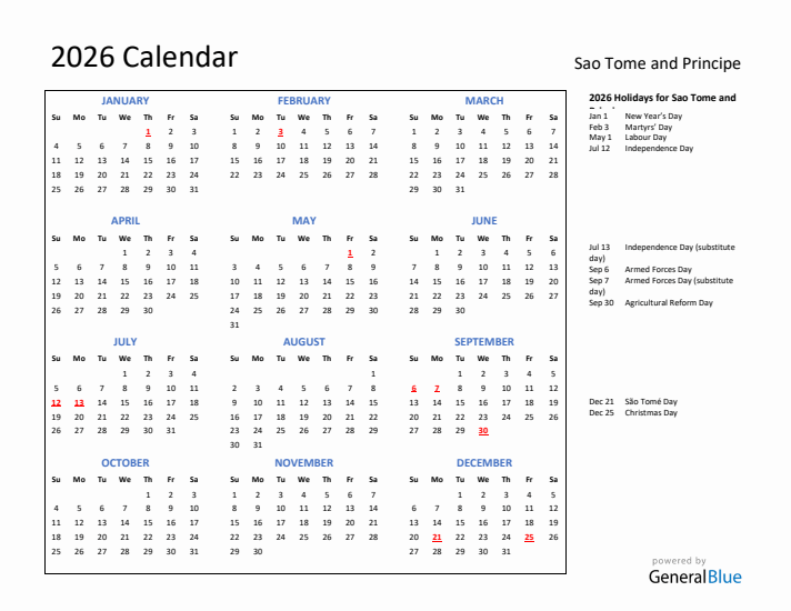 2026 Calendar with Holidays for Sao Tome and Principe