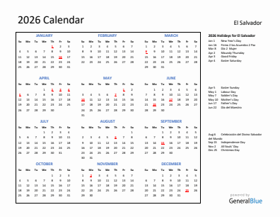 El Salvador current year calendar 2026 with holidays