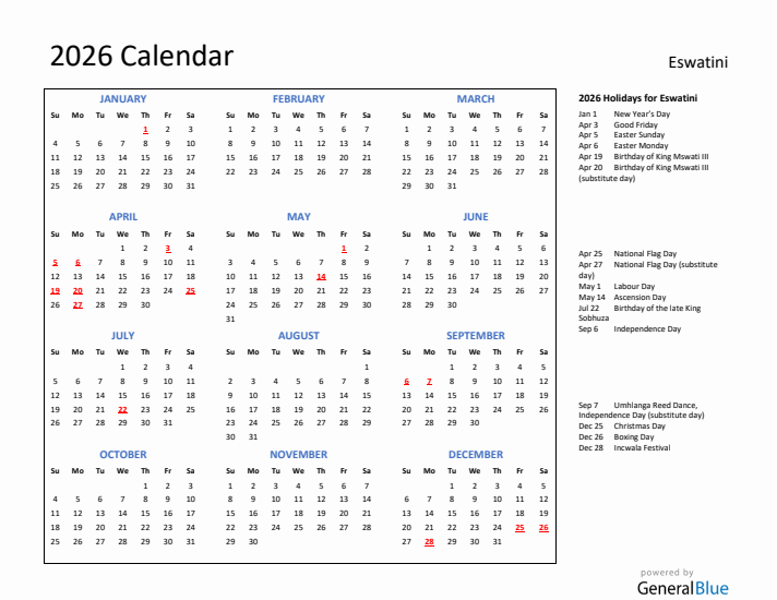 2026 Calendar with Holidays for Eswatini