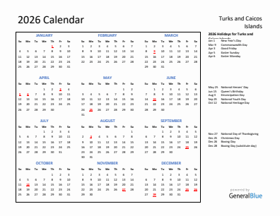 Turks and Caicos Islands current year calendar 2026 with holidays
