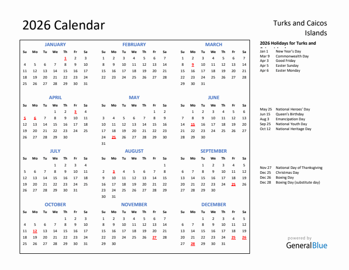 2026 Calendar with Holidays for Turks and Caicos Islands