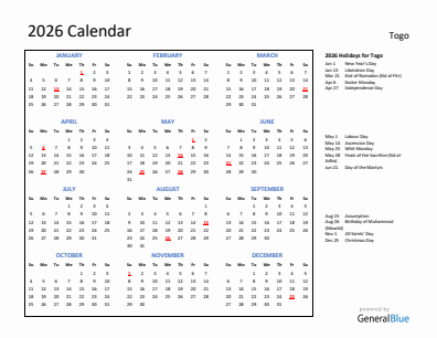 Togo current year calendar 2026 with holidays
