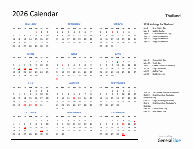 Thailand current year calendar 2026 with holidays