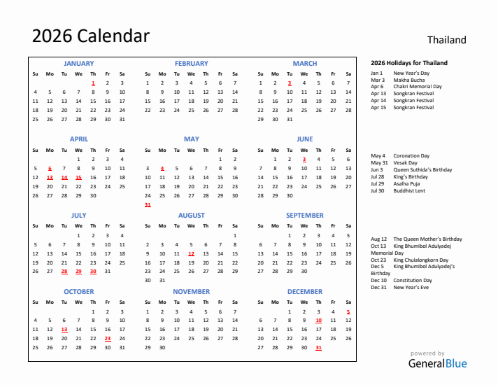 2026 Calendar with Holidays for Thailand