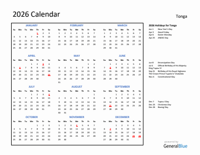 Tonga current year calendar 2026 with holidays