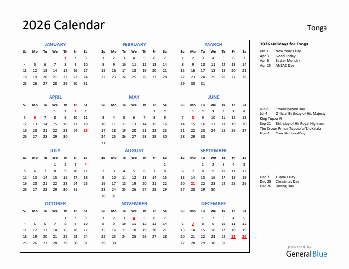 2026 Calendar with Holidays for Tonga