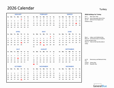 Turkey current year calendar 2026 with holidays
