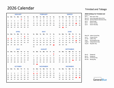 Trinidad and Tobago current year calendar 2026 with holidays