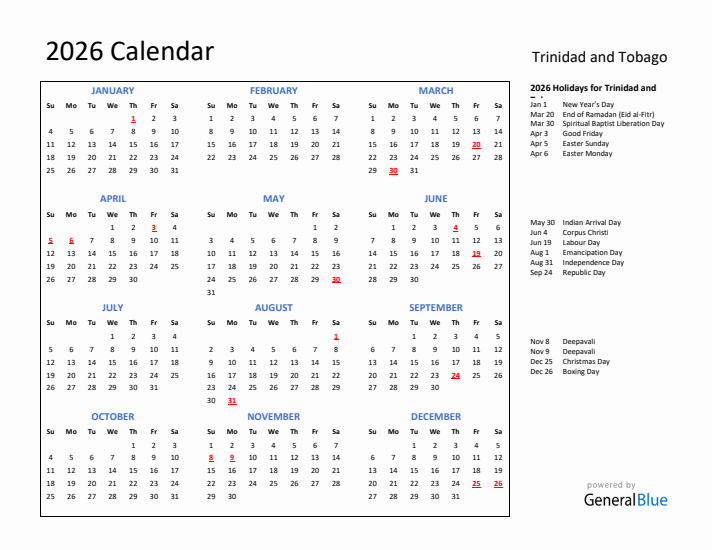 2026 Calendar with Holidays for Trinidad and Tobago