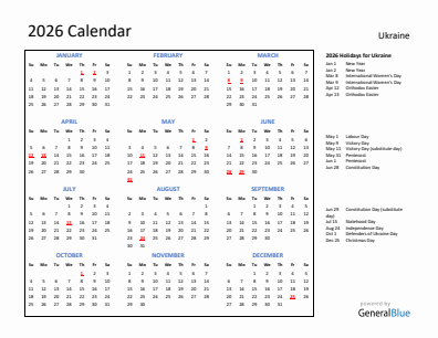 Ukraine current year calendar 2026 with holidays
