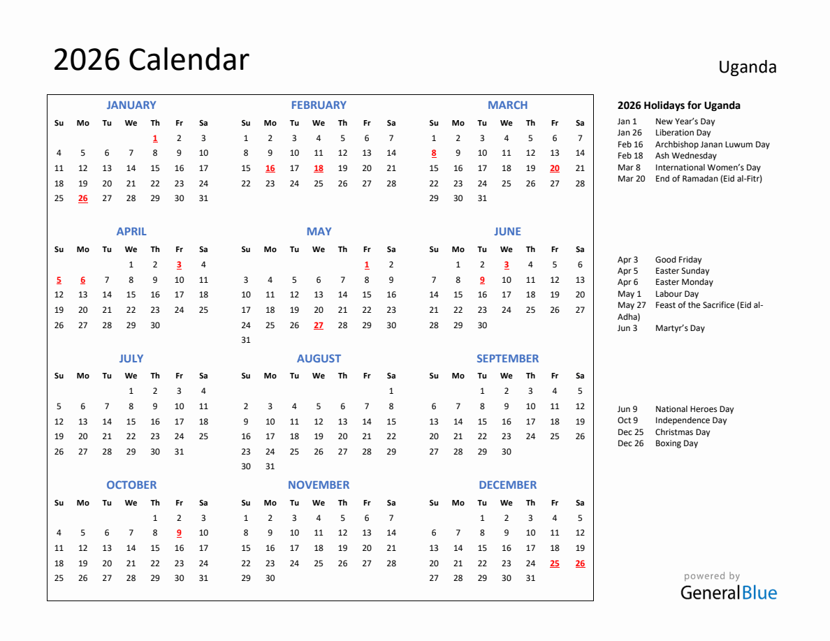 2026 Calendar with Holidays for Uganda