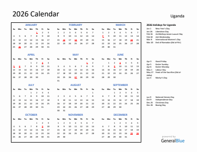 Uganda current year calendar 2026 with holidays