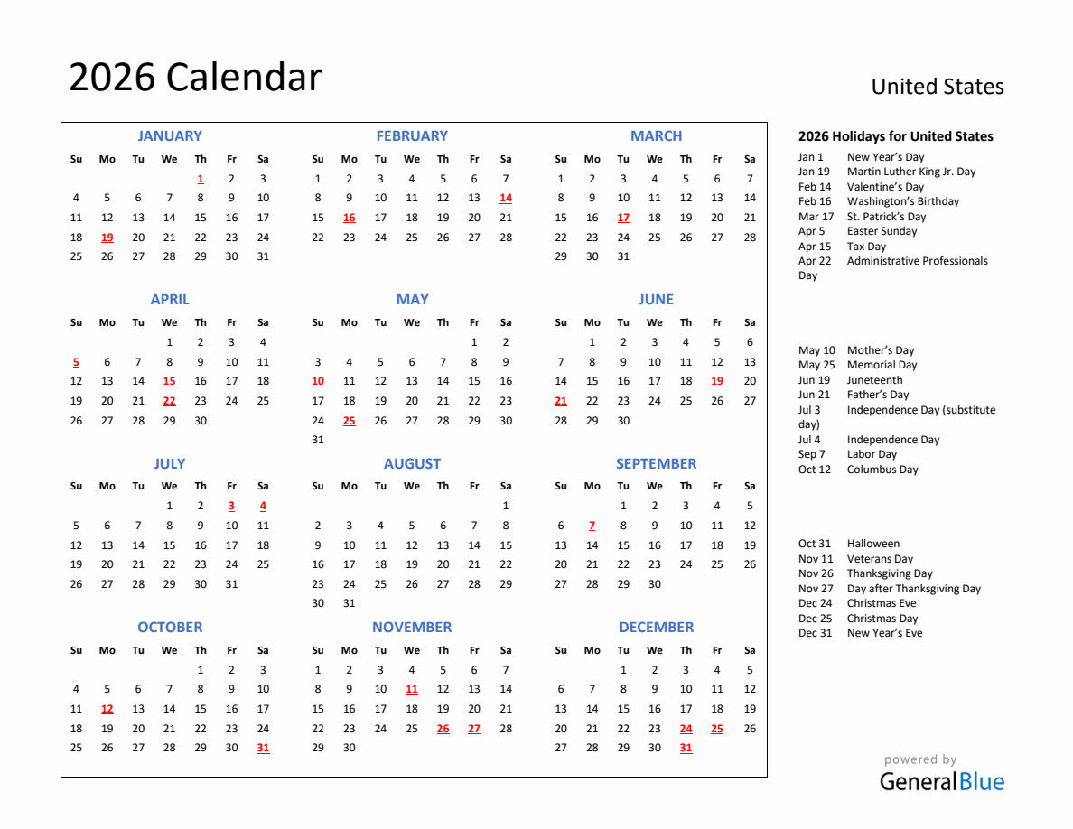 2026 Calendar with Holidays for United States 2026 Calendar with Holidays for United States
