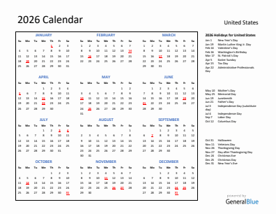 United States current year calendar 2026 with holidays