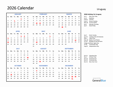 Uruguay current year calendar 2026 with holidays