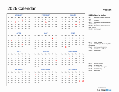 Vatican current year calendar 2026 with holidays