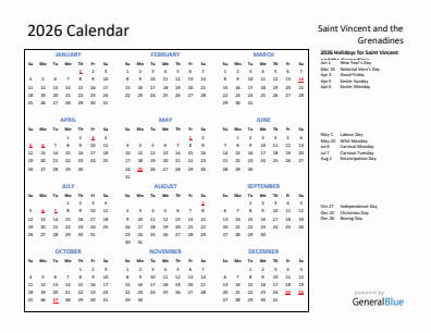 Saint Vincent and the Grenadines current year calendar 2026 with holidays