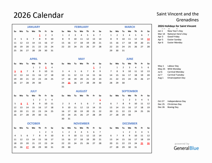 2026 Calendar with Holidays for Saint Vincent and the Grenadines