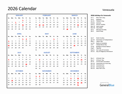 Venezuela current year calendar 2026 with holidays