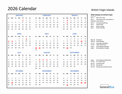 British Virgin Islands current year calendar 2026 with holidays
