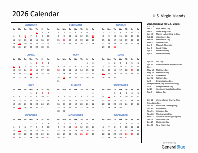 U.S. Virgin Islands current year calendar 2026 with holidays