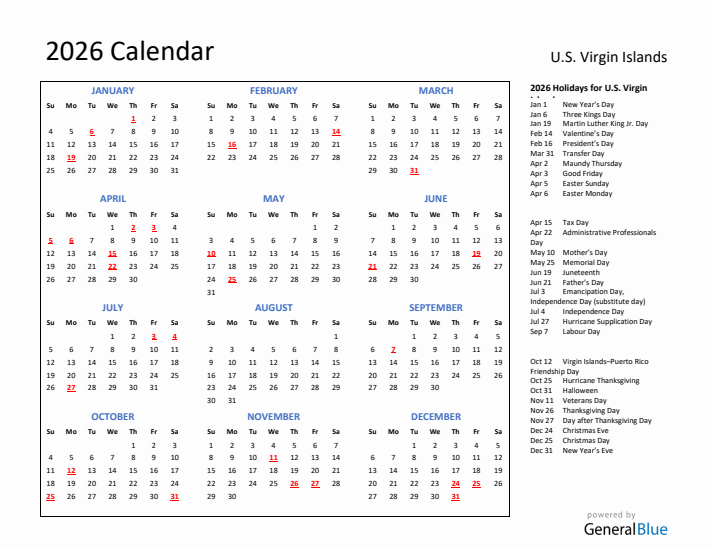 2026 Calendar with Holidays for U.S. Virgin Islands