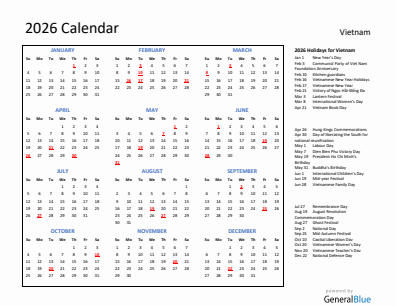 Vietnam current year calendar 2026 with holidays