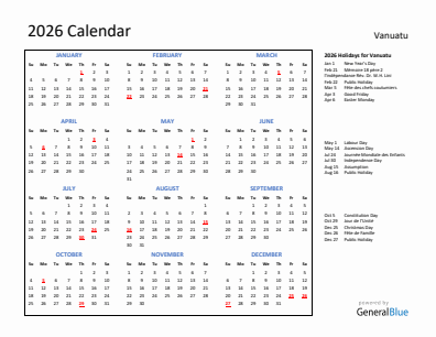 Vanuatu current year calendar 2026 with holidays