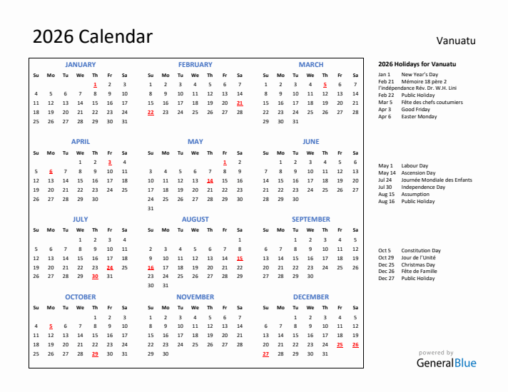 2026 Calendar with Holidays for Vanuatu