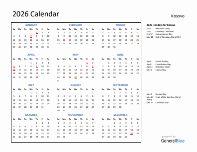 Kosovo current year calendar 2026 with holidays