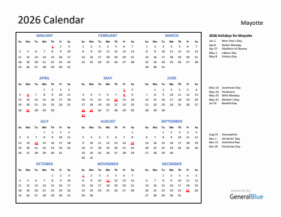Mayotte current year calendar 2026 with holidays
