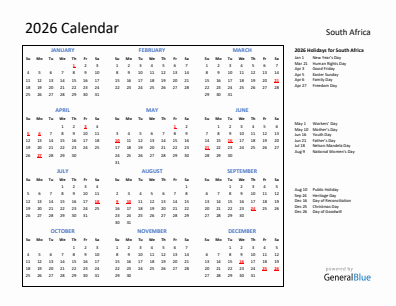 South Africa current year calendar 2026 with holidays