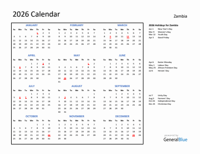 Zambia current year calendar 2026 with holidays