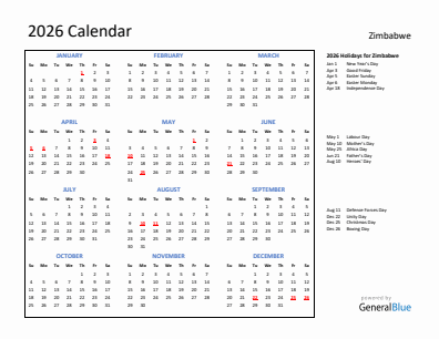 Zimbabwe current year calendar 2026 with holidays