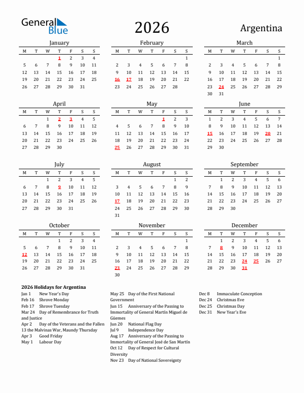 Argentina Holidays Calendar for 2026