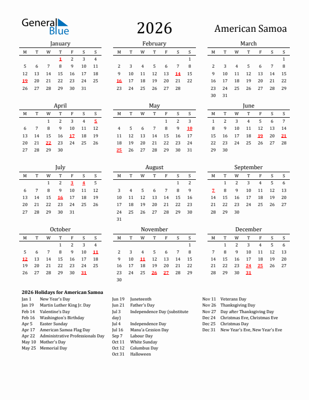 American Samoa Holidays Calendar for 2026